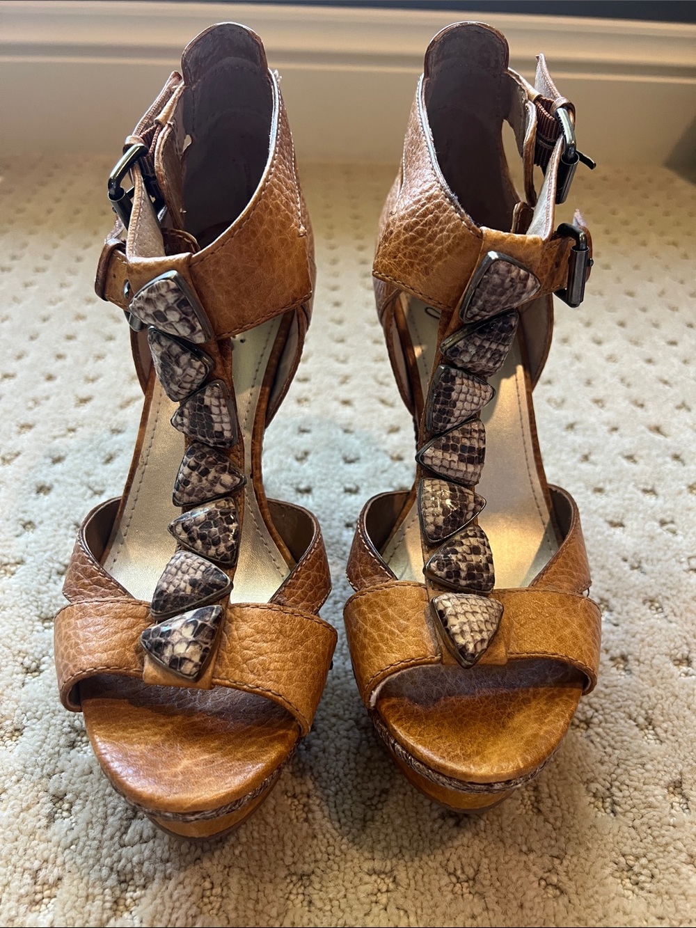Women’s Tan Leather T-Strap Platform Heels.